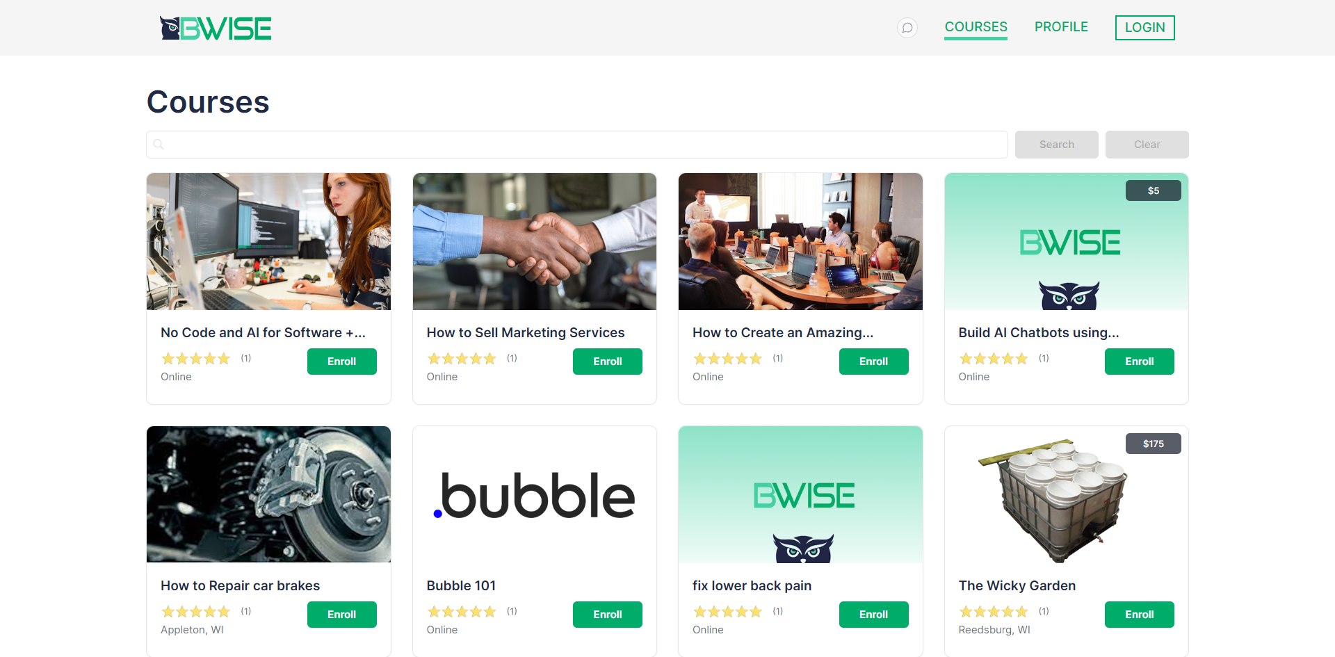 Screenshot of BWISE app homepage.