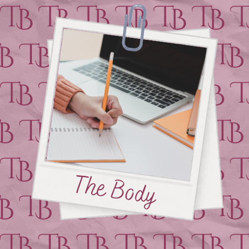 A picture of a hand holding a pencil writing on a notebook with a text "The Body"