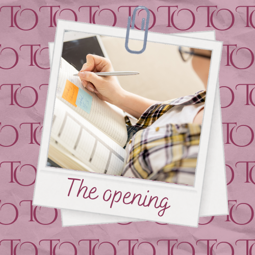 Image a photo in a writing in a book with a text "The Opening"